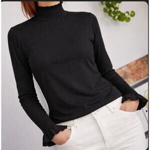 Nation LTD Smocked Turtleneck Long Sleeve Lightweight Black Top Size XL